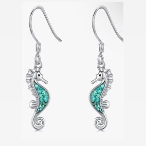 Silver Turquoise Sea Horse Ocean Earrings
